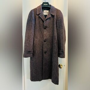 VTG Harris Tweed Long Coat- Leather Buttons- Handwoven 100% Scottish Wool-Brown